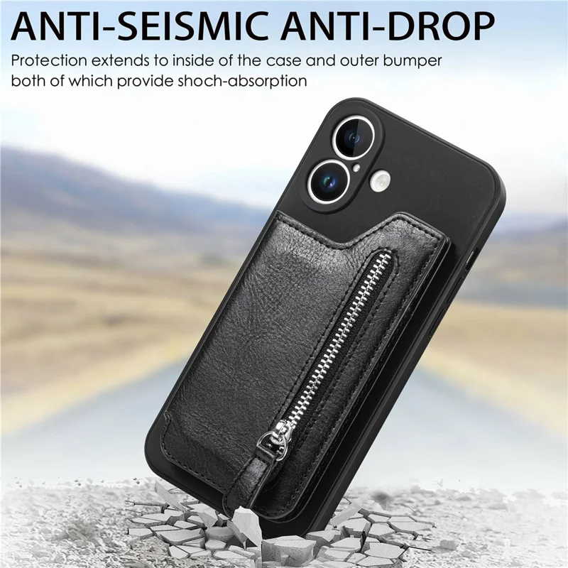 Custodia per iPhone 16 Plus in pelle PU + TPU con cerniera e tasca portafoglio - Viola