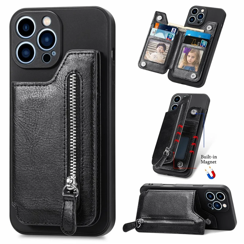 Funda para iPhone 16 Pro Max de piel sintética + TPU con bolsillo con cremallera y cartera - Negro