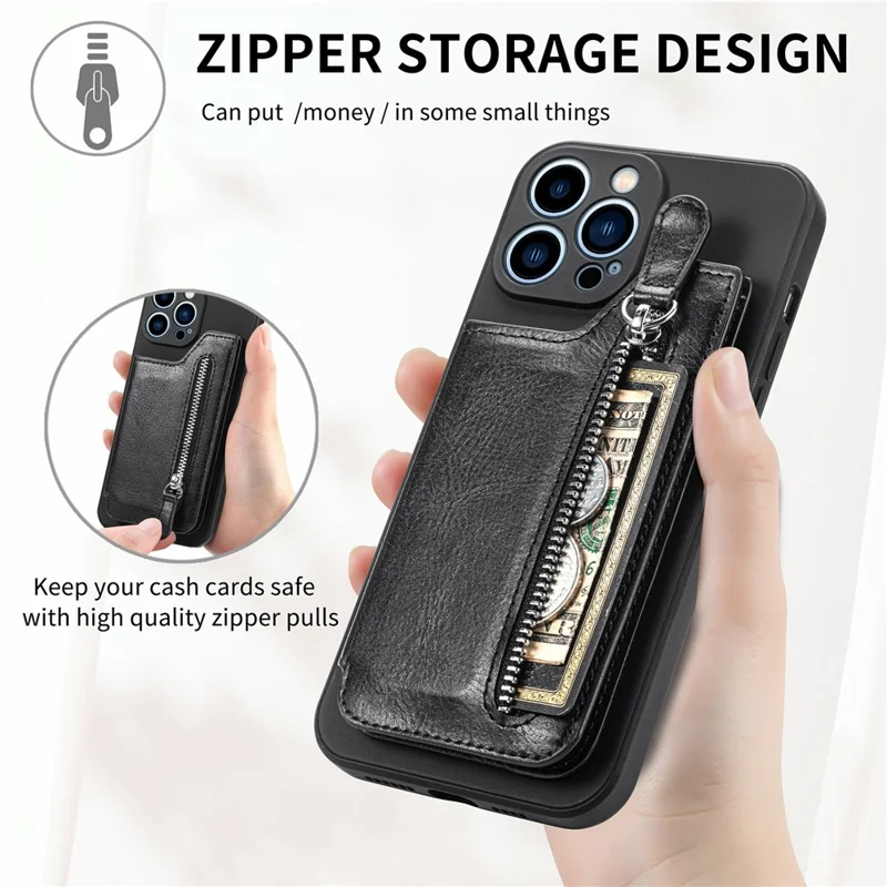 Funda para iPhone 16 Pro Max de piel sintética + TPU con bolsillo con cremallera y cartera - Negro