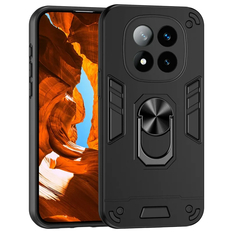 Для Xiaomi Redmi Note 14 Pro+ 5G Чехол PC+TPU Drop Defend Phone Cover с кольцом-подставкой - Черный