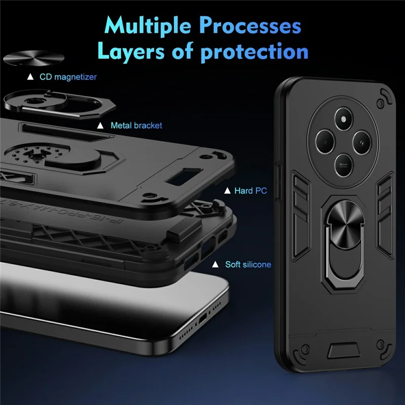Pour Xiaomi Redmi 14C 4G / 14R 5G / Poco C75 4G Coque PC+TPU Défense anti-chute avec Support Rotatif - Noir