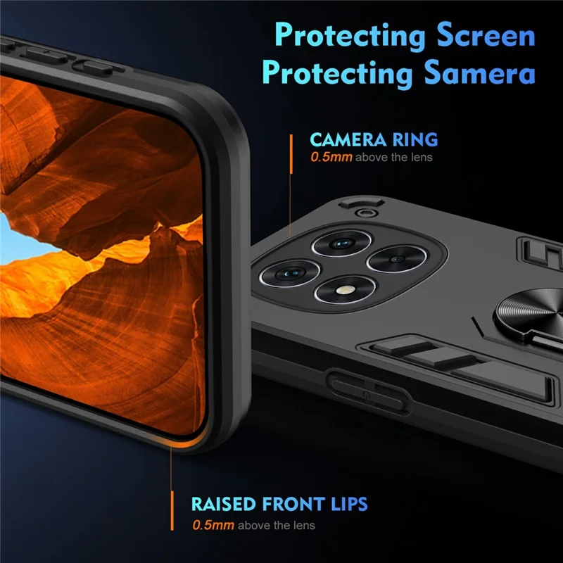 Для Xiaomi Redmi Note 14 Pro 5G Чехол PC+TPU Drop Defend Phone Cover с кольцевой подставкой - Черный