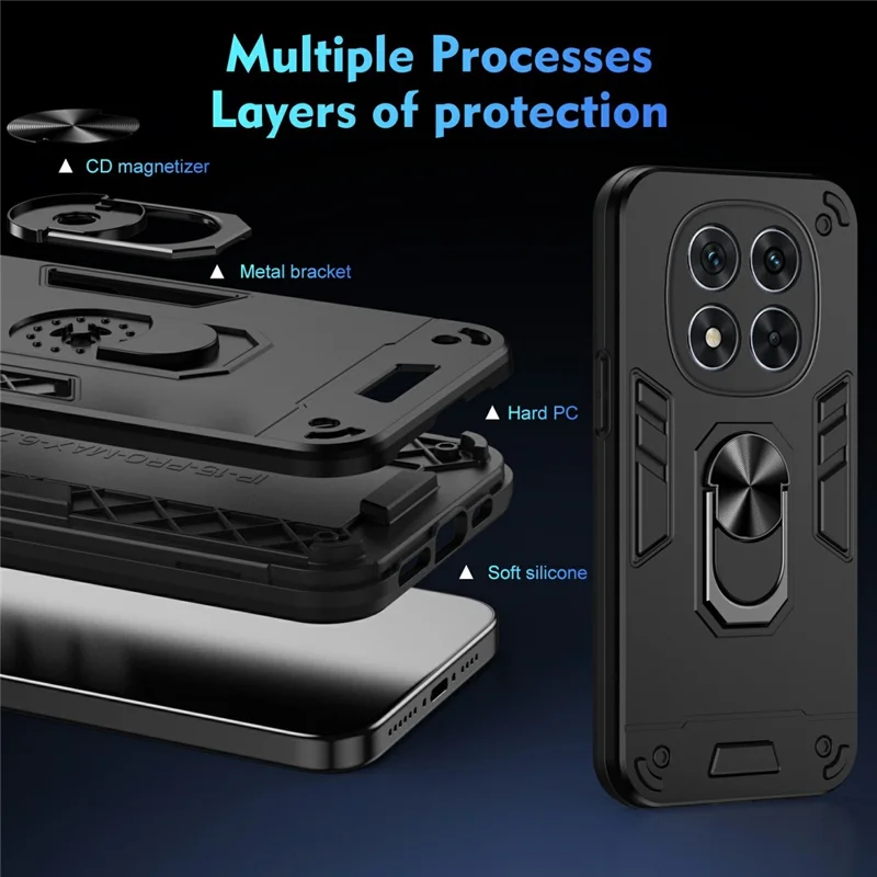 Для Xiaomi Redmi Note 14 Pro 5G Чехол PC+TPU Drop Defend Phone Cover с кольцевой подставкой - Черный