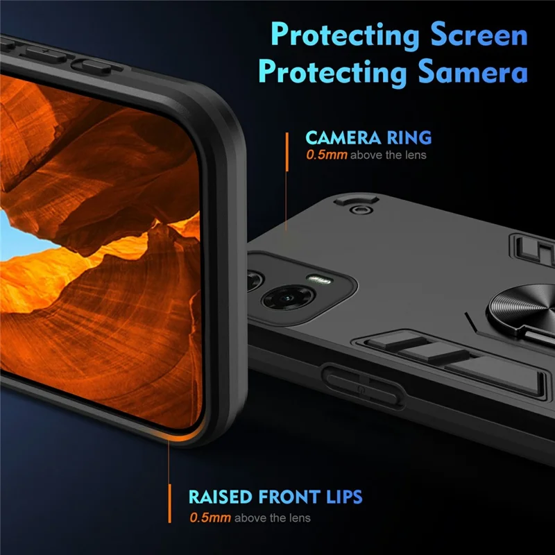 For Motorola Moto G35 5G Case PC+TPU Drop Defend Phone Cover with Ring Kickstand - Black