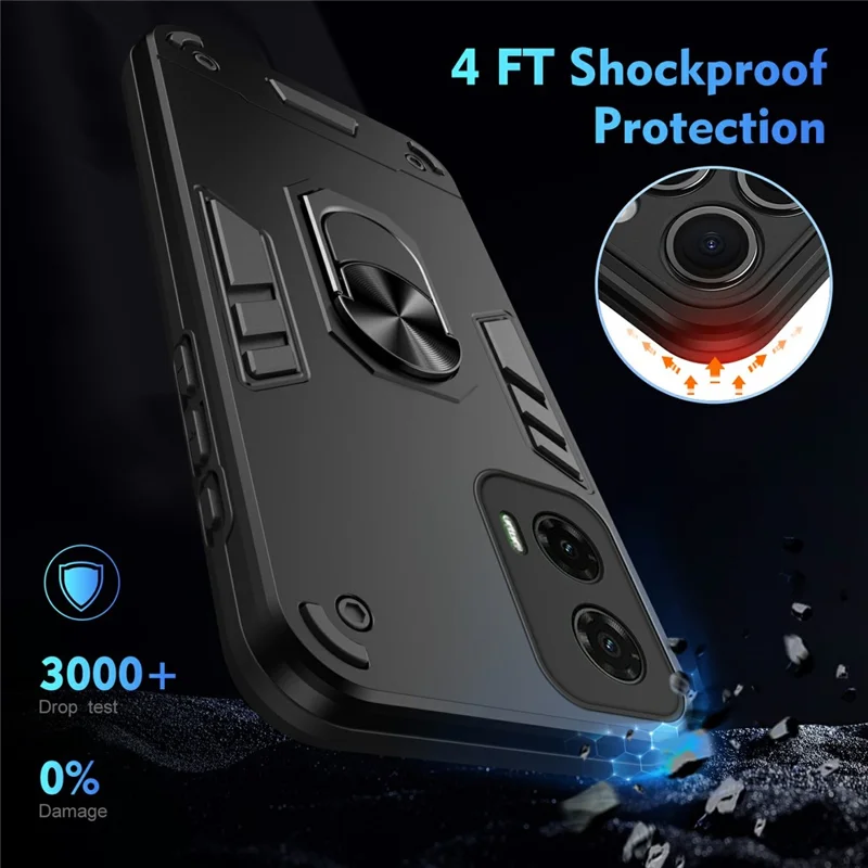 For Motorola Moto G35 5G Case PC+TPU Drop Defend Phone Cover with Ring Kickstand - Black