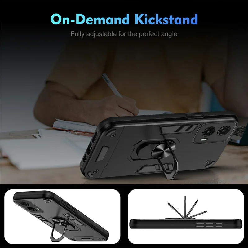 For Motorola Moto G35 5G Case PC+TPU Drop Defend Phone Cover with Ring Kickstand - Black