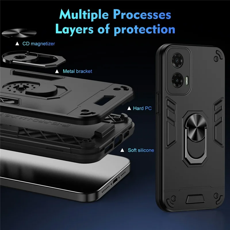 For Motorola Moto G35 5G Case PC+TPU Drop Defend Phone Cover with Ring Kickstand - Black