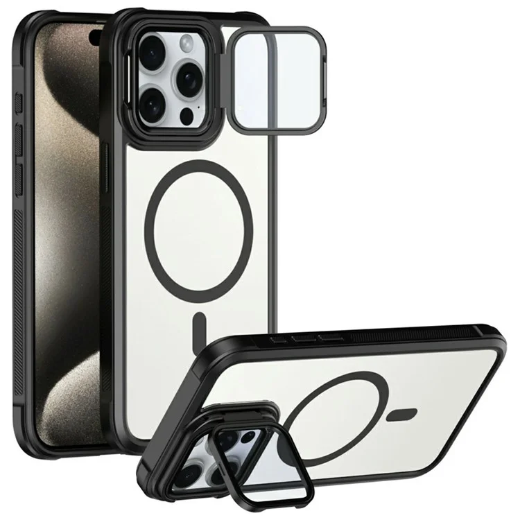For iPhone 15 Pro Max Clear Phone Case Compatible with MagSafe Back Cover with Lens Cover Kickstand - Black