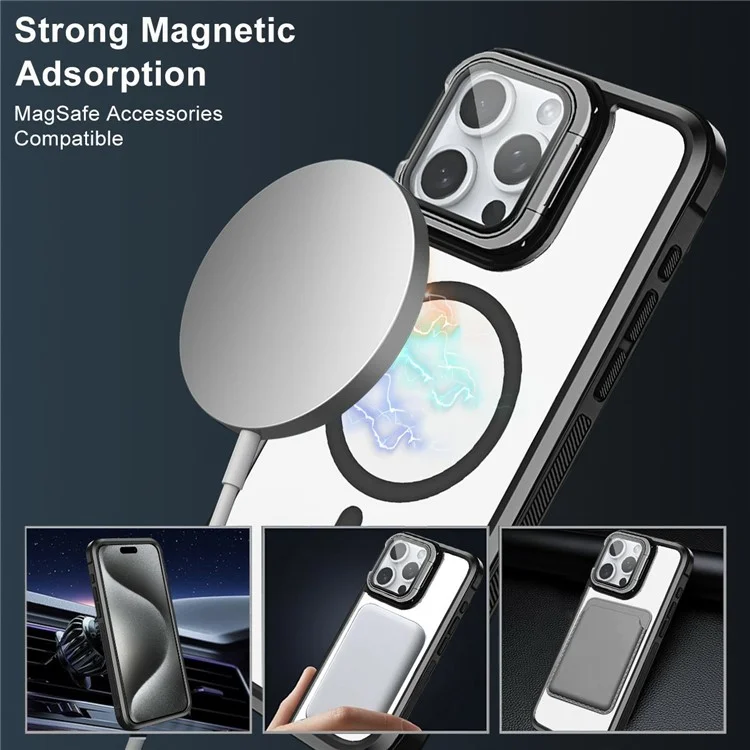 For iPhone 15 Pro Max Clear Phone Case Compatible with MagSafe Back Cover with Lens Cover Kickstand - Black