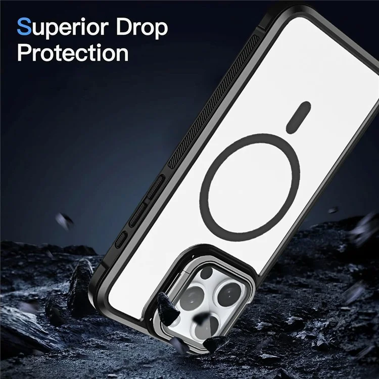 For iPhone 15 Pro Max Clear Phone Case Compatible with MagSafe Back Cover with Lens Cover Kickstand - Black