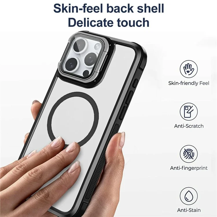For iPhone 15 Pro Max Clear Phone Case Compatible with MagSafe Back Cover with Lens Cover Kickstand - Black