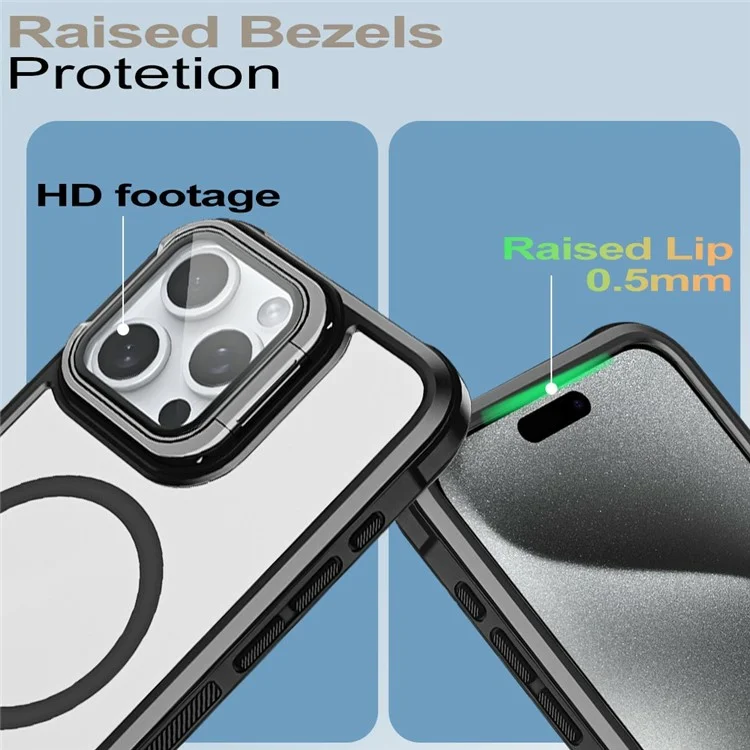 For iPhone 15 Pro Max Clear Phone Case Compatible with MagSafe Back Cover with Lens Cover Kickstand - Black