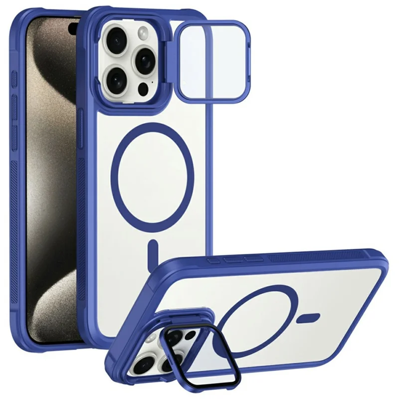 For iPhone 15 Pro Max Clear Phone Case Compatible with MagSafe Back Cover with Lens Cover Kickstand - Blue