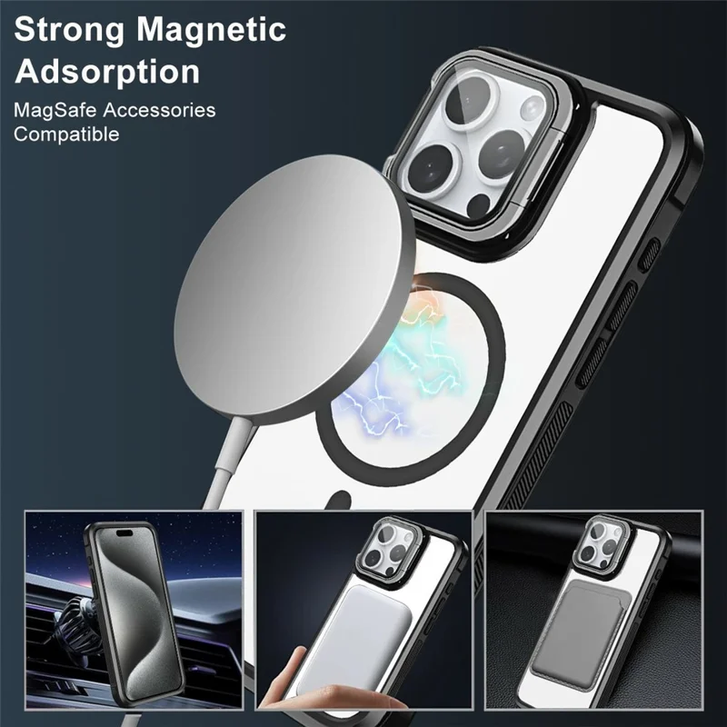 For iPhone 15 Pro Clear Phone Case Compatible with MagSafe Back Cover with Lens Cover Kickstand - Blue