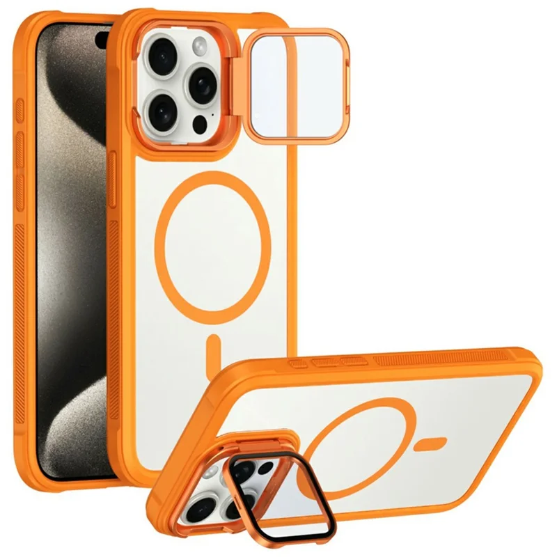 For iPhone 15 Pro Clear Phone Case Compatible with MagSafe Back Cover with Lens Cover Kickstand - Orange