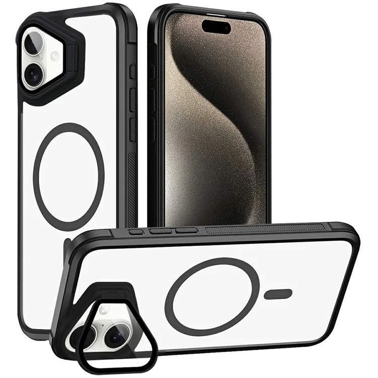 For iPhone 16 Plus Clear Phone Case Compatible with MagSafe Back Cover with Lens Cover Kickstand - Black