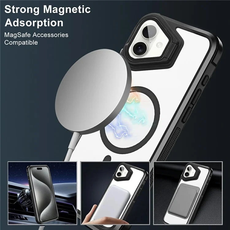 For iPhone 16 Plus Clear Phone Case Compatible with MagSafe Back Cover with Lens Cover Kickstand - Black