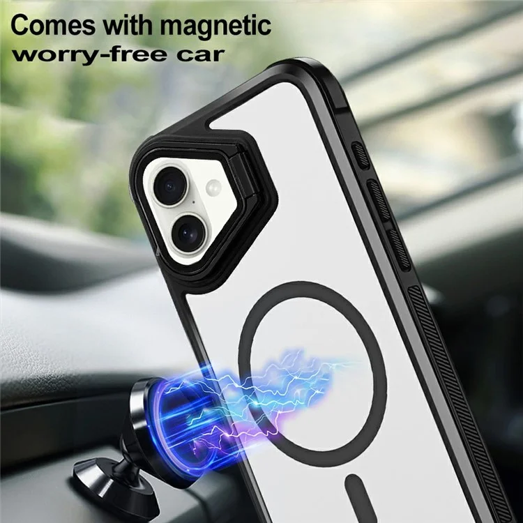 For iPhone 16 Plus Clear Phone Case Compatible with MagSafe Back Cover with Lens Cover Kickstand - Black