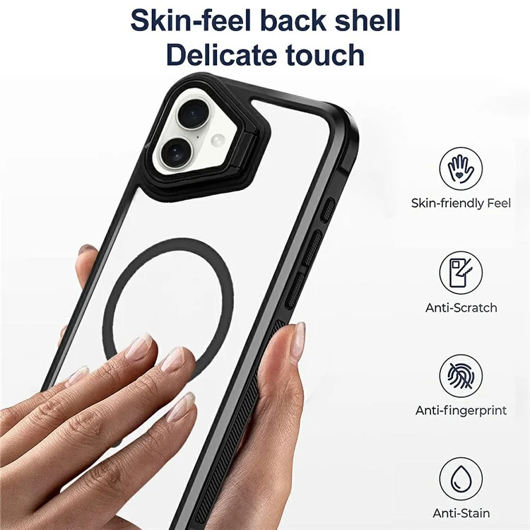 For iPhone 16 Plus Clear Phone Case Compatible with MagSafe Back Cover with Lens Cover Kickstand - Black