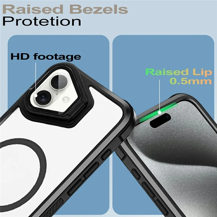 For iPhone 16 Plus Clear Phone Case Compatible with MagSafe Back Cover with Lens Cover Kickstand - Black