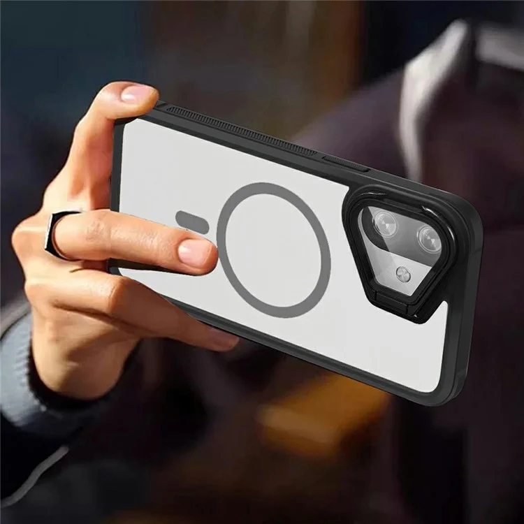For iPhone 16 Plus Clear Phone Case Compatible with MagSafe Back Cover with Lens Cover Kickstand - Black
