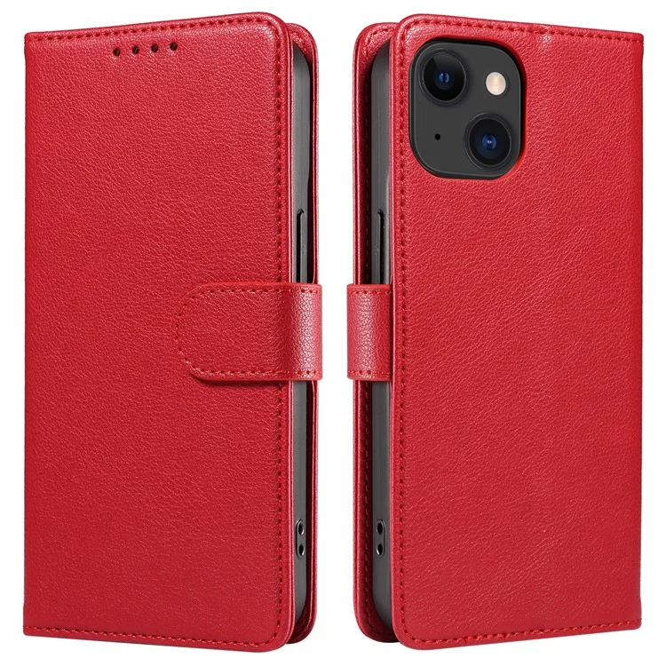 For iPhone 14 Leather Case Litchi Texture RFID Blocking Wallet Stand Phone Cover - Wine Red