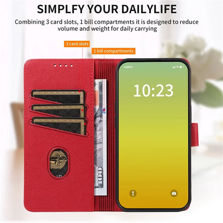 For iPhone 14 Leather Case Litchi Texture RFID Blocking Wallet Stand Phone Cover - Wine Red