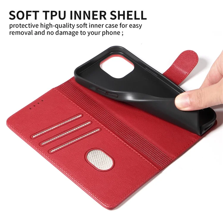 For iPhone 14 Leather Case Litchi Texture RFID Blocking Wallet Stand Phone Cover - Wine Red