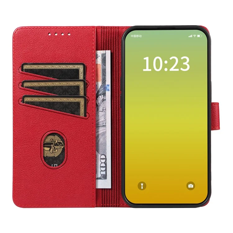 For iPhone 14 Leather Case Litchi Texture RFID Blocking Wallet Stand Phone Cover - Wine Red