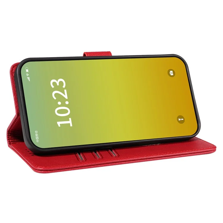 For iPhone 14 Leather Case Litchi Texture RFID Blocking Wallet Stand Phone Cover - Wine Red