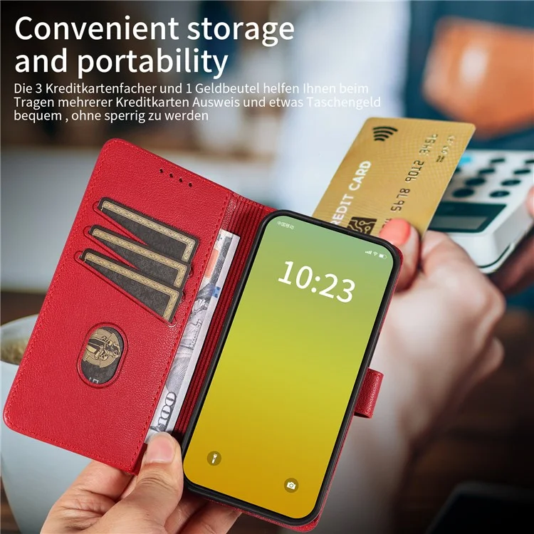 For iPhone 14 Leather Case Litchi Texture RFID Blocking Wallet Stand Phone Cover - Wine Red