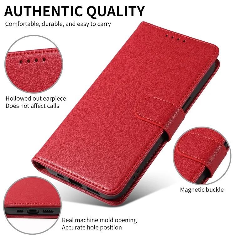 For iPhone 14 Leather Case Litchi Texture RFID Blocking Wallet Stand Phone Cover - Wine Red