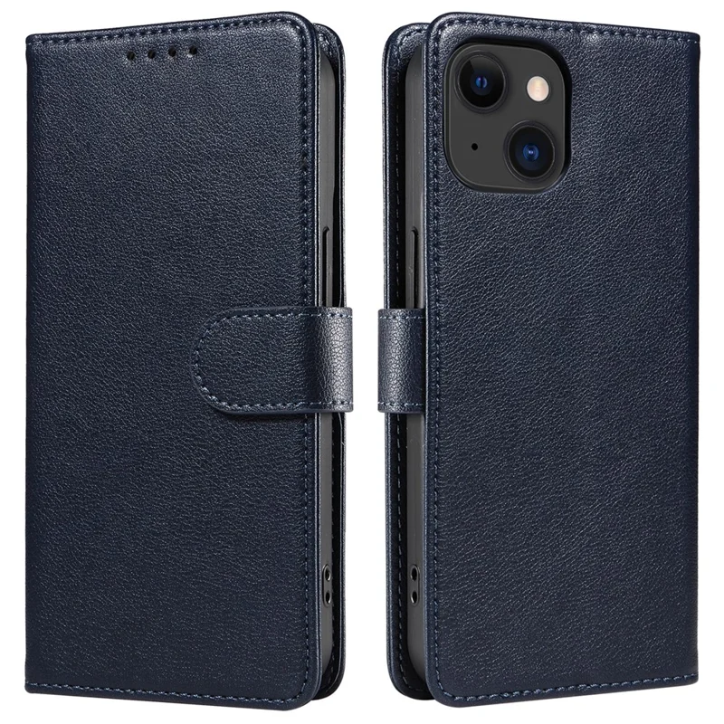 For iPhone 13 Leather Case Litchi Texture RFID Blocking Wallet Stand Phone Cover - Blue