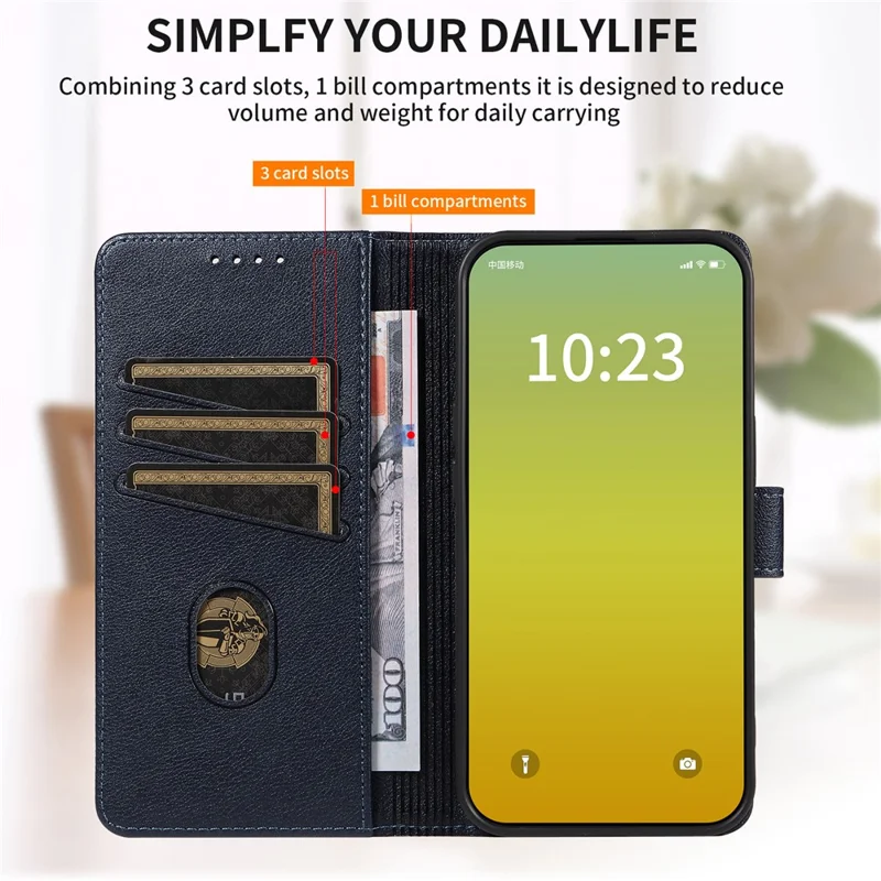 For iPhone 13 Leather Case Litchi Texture RFID Blocking Wallet Stand Phone Cover - Blue