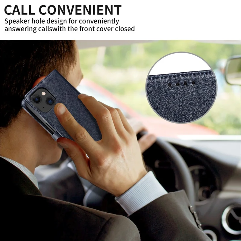 For iPhone 13 Leather Case Litchi Texture RFID Blocking Wallet Stand Phone Cover - Blue