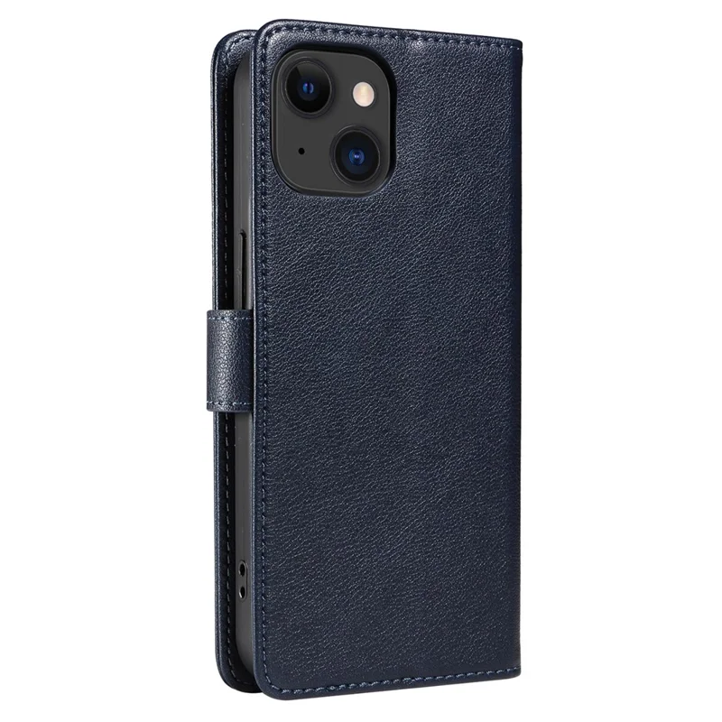 For iPhone 13 Leather Case Litchi Texture RFID Blocking Wallet Stand Phone Cover - Blue