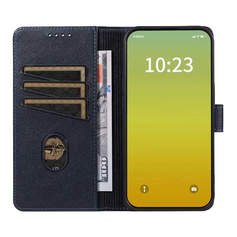 For iPhone 13 Leather Case Litchi Texture RFID Blocking Wallet Stand Phone Cover - Blue