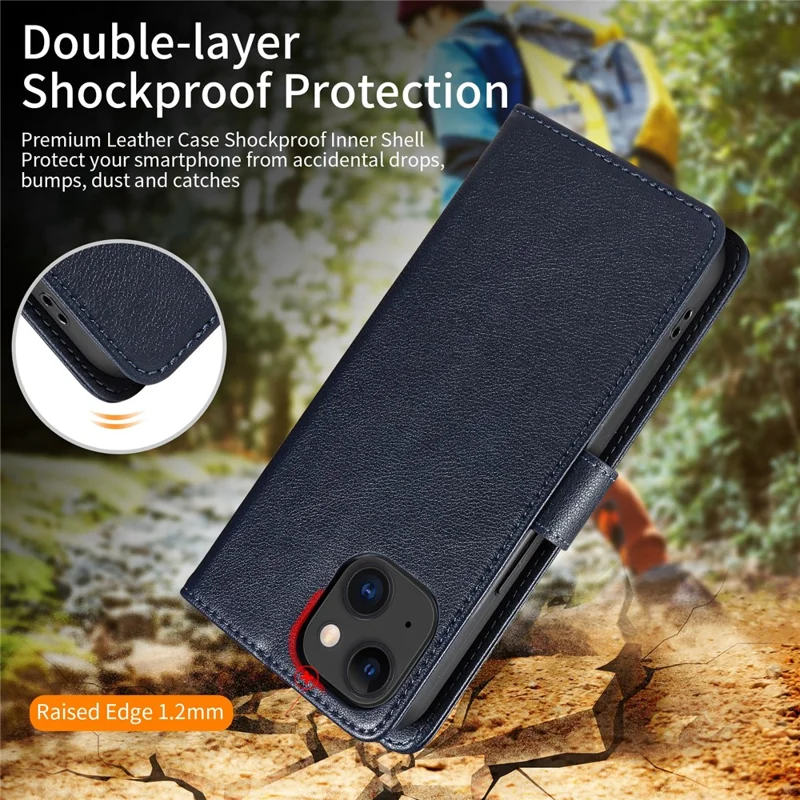 For iPhone 13 Leather Case Litchi Texture RFID Blocking Wallet Stand Phone Cover - Blue