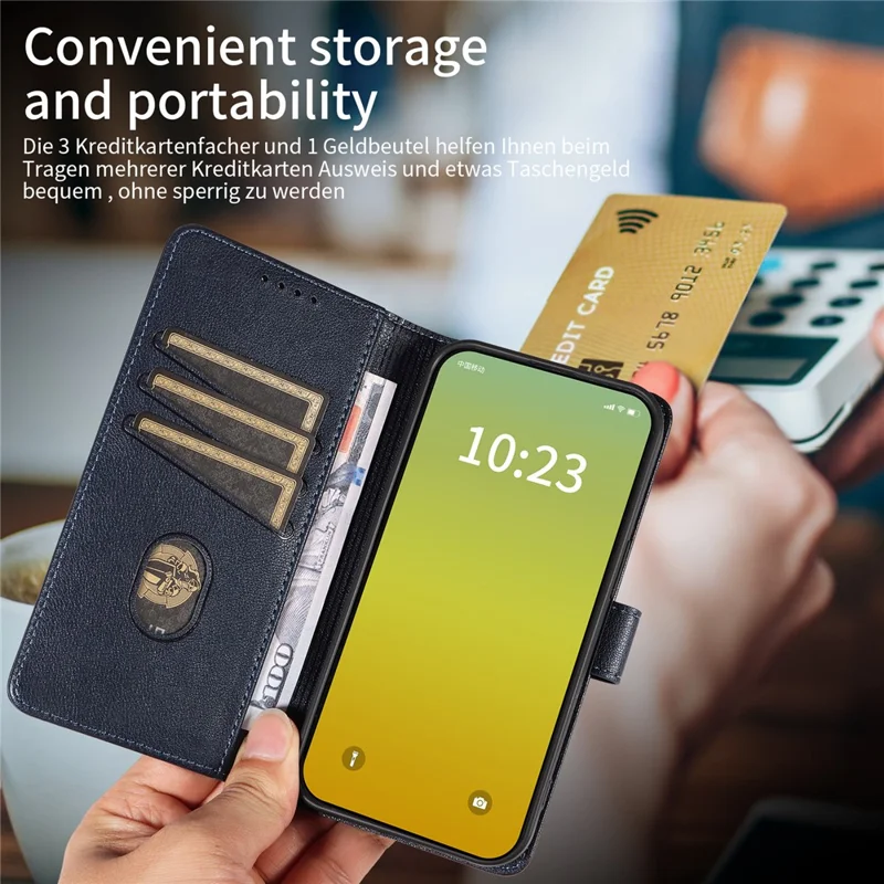 For iPhone 13 Leather Case Litchi Texture RFID Blocking Wallet Stand Phone Cover - Blue