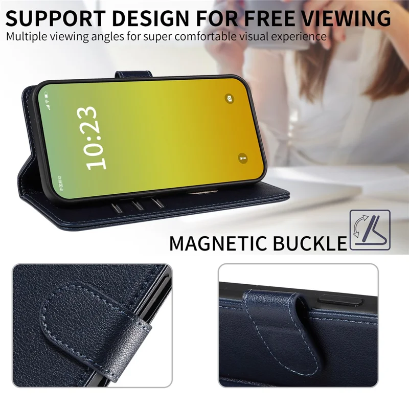 For iPhone 13 Leather Case Litchi Texture RFID Blocking Wallet Stand Phone Cover - Blue