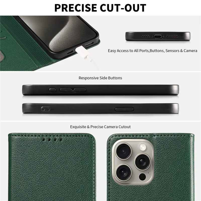 For iPhone 13 Pro Leather Case Litchi Texture RFID Blocking Wallet Stand Phone Cover - Green