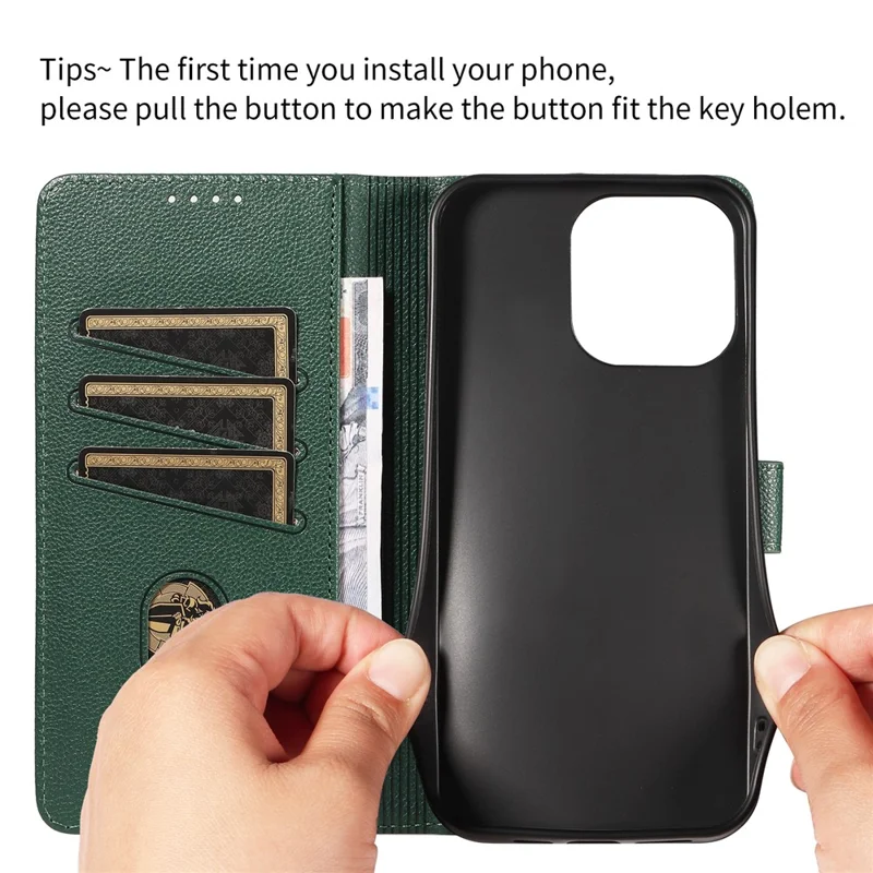 For iPhone 13 Pro Leather Case Litchi Texture RFID Blocking Wallet Stand Phone Cover - Green