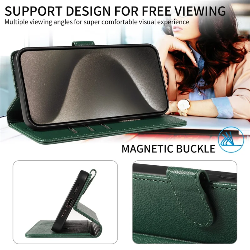 For iPhone 13 Pro Leather Case Litchi Texture RFID Blocking Wallet Stand Phone Cover - Green
