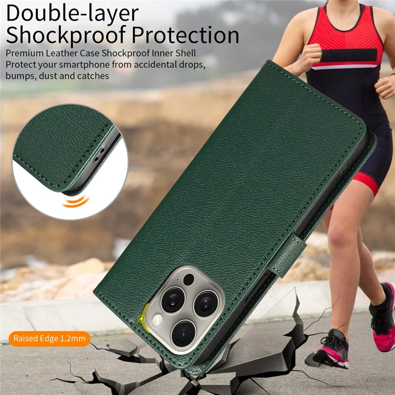 For iPhone 13 Pro Leather Case Litchi Texture RFID Blocking Wallet Stand Phone Cover - Green