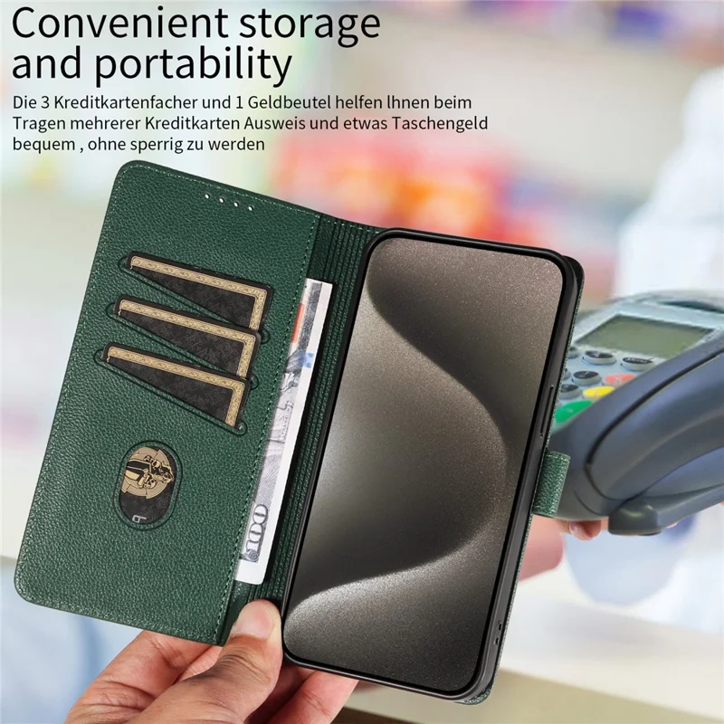 For iPhone 14 Pro Leather Case Litchi Texture RFID Blocking Wallet Stand Phone Cover - Green