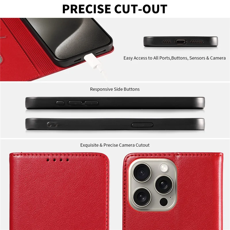 For iPhone 14 Pro Leather Case Litchi Texture RFID Blocking Wallet Stand Phone Cover - Wine Red