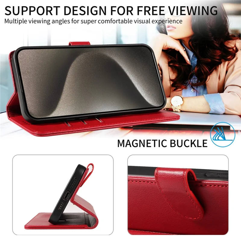 For iPhone 14 Pro Leather Case Litchi Texture RFID Blocking Wallet Stand Phone Cover - Wine Red