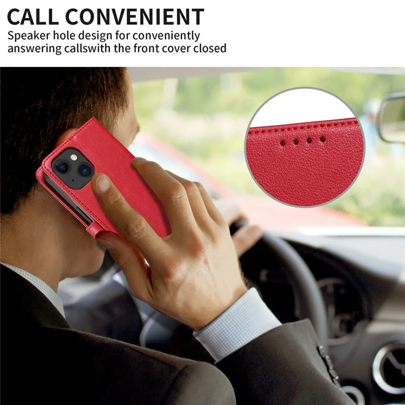 For iPhone 14 Plus Leather Case Litchi Texture RFID Blocking Wallet Stand Phone Cover - Wine Red