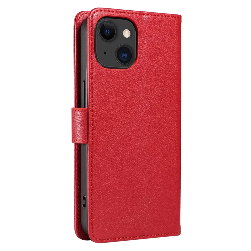 For iPhone 14 Plus Leather Case Litchi Texture RFID Blocking Wallet Stand Phone Cover - Wine Red