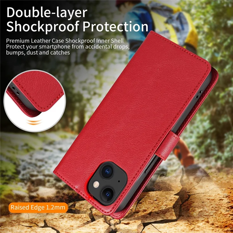 For iPhone 14 Plus Leather Case Litchi Texture RFID Blocking Wallet Stand Phone Cover - Wine Red
